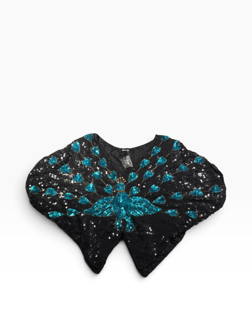 Vintage 100% Pure Silk Beaded Peacock Sequin Capelet Top Black Turquoise OS